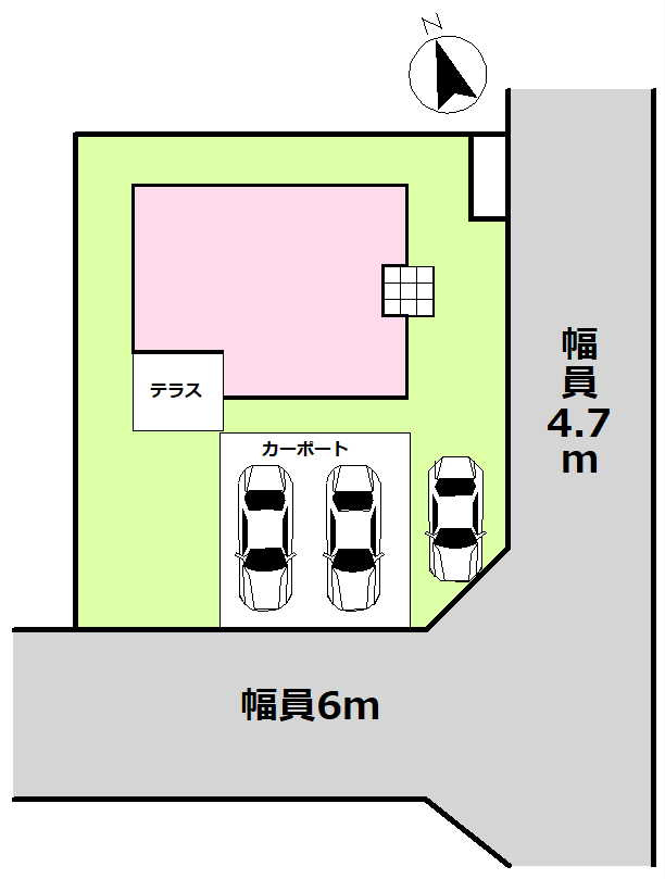 東南角地　前面道路6mで駐車もラクラク♪カーポート2台分、オーニングのついたテラス付き。