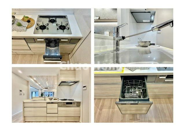 【システムキッチン】ワイドで収納豊富な使い勝手の良いカウンターキッチンには、食洗器や伸縮タイプのキッチン水栓、三ツ口コンロ・魚焼きグリルなどの便利な設備が標準完備されています。
