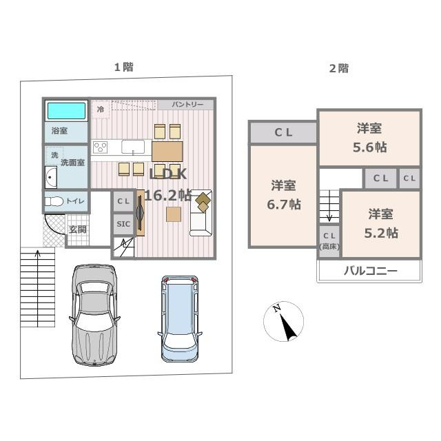 【建物参考プラン・価格】　建物面積：1階40.09？、2階36.92？、延床面積77.01？　価格：1980万円（別途標準外構工事費180万円要）　