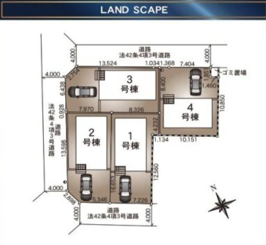 対象地：2号棟　駐車スペース1台可(車種による)。開放感あふれる西角地に立地。