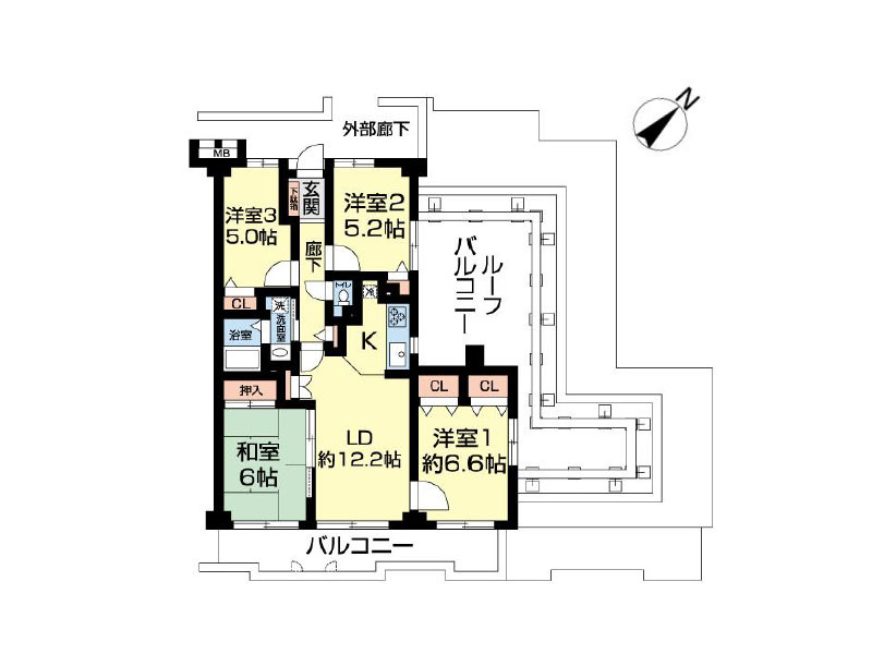広々としたルーフバルコニー付4LDK住戸。最上階かつ南東角部屋につき採光・通風・眺望良好な心地よい居住空間の住まいです。※図面を基に作成しています。現況と異なる場合は現況を優先いたします。