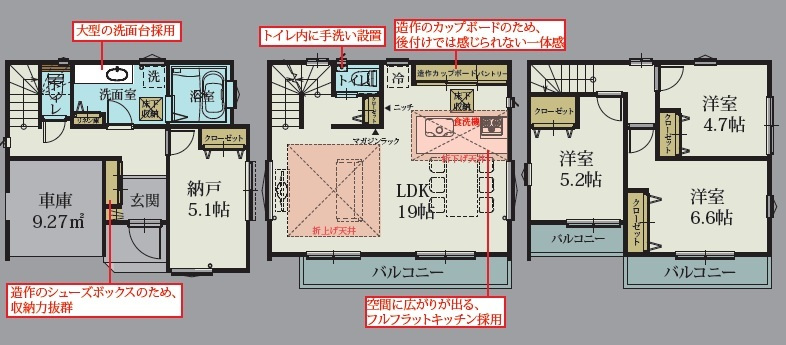 2階LDKは陽当りが良く、開放的な空間です♪対面式キッチンで家族との会話が自然と増える間取りとなっております。キッチンは空間に広がりが出るフルフラットキッチン採用。造作カップボード、パントリー完備。