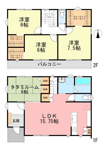2階全部屋にウォークインクローゼット付き。収納充実の間取りです！