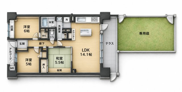 広い庭付きの3LDKです。