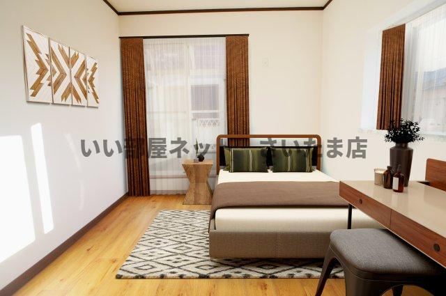 2F南側6帖の洋室です。令和5年9月に床重ね張り・クロス全面張替え済みです。西・南面に窓があります。※洋室にCG合成で実際の家具を配置したイメージパースです。家具・調度品などは売買契約に含まれません。