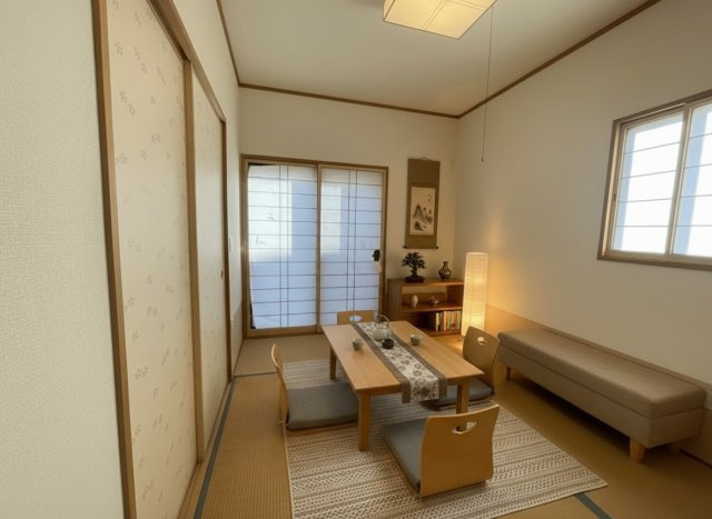 客間にも使える和室あり　※本画像はAIによる家具配置です。実際の仕様とは異なる場合があります。リフォームのご相談も承ります。