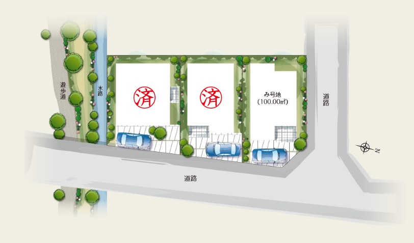 自然と開放感に包まれる全3区画。北西角地を含んだ街区で、南側は四季折々の自然が愉しめる遊歩道になっています。開放感たっぷりのロケーションで、陽光と風に包まれる穏やかな暮らしが実現します。