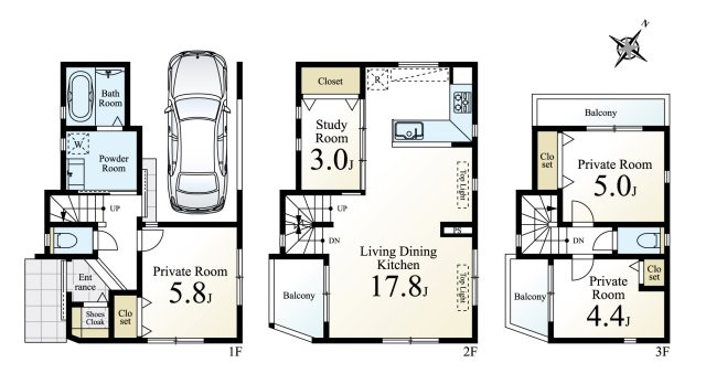 建物参考プラン　土地面積　約61.60？　建物面積　約98.89？(車庫面積　約8.77？含む)　建物参考価格2680円　3階建　4LDK　3面バルコニー　ビルトインガレージ付
