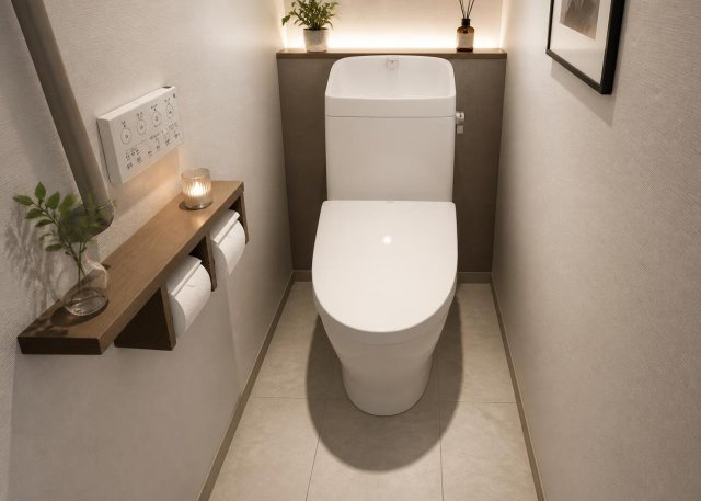 衛生的に使用できる温水洗浄便座付きのトイレを館内に2ヶ所設置しています。朝の忙しい時間帯でもご家族間で混雑しにくく安心です。清潔感のある内装で、いつでも快適にお使いいただけるよう配慮されたスペース。