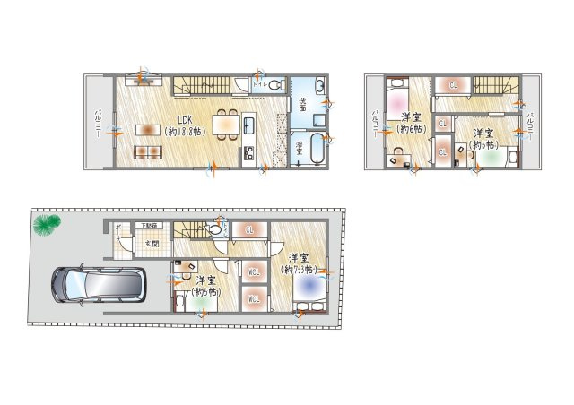 【参考プラン？】(セミオーダー建物価格：2630万円～)　■建物面積105.04？■3階建て×4LDK　ゆったりくつろげる2階リビングの4LDK。全居室収納付きでスッキリと保てます。