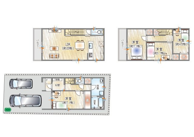 【参考プラン？】(セミオーダー建物価格：2630万円～)　■建物面積105.72？■3階建て×4LDK　LDK広々となんと20帖！！1階洋室7帖超え！駐車2台可×ゆったりくつろげるお家