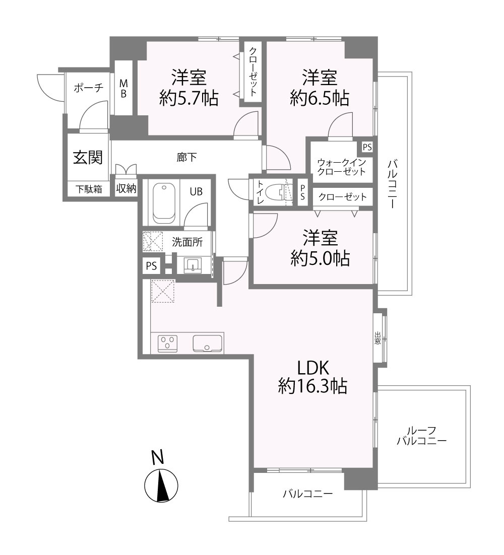 3LDK、専有面積78.26m2、バルコニー面積10.82m2　　ルーフバルコニー面積7.56？　間取り図