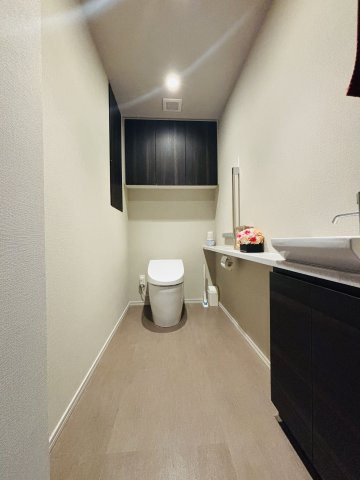 広々としたトイレはタンクレス、小さな手洗いボウルと吊戸棚があります。