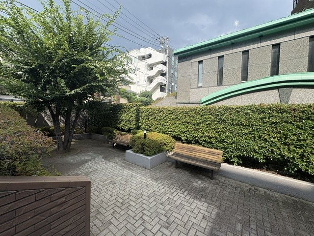 敷地内のシンボルツリーを囲むような小さな緑地でペットとベンチで一休みもいいですね