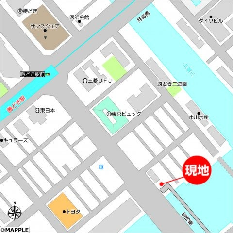 勝どき2丁目地図です。トリトンへの橋のふもとが対象不動産となります。