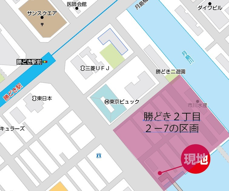 勝どき二丁目2番から7番地の区画（色のついた地区）こちらに準備組合が設立されています。東京都により、再開発事業が決定されますと、こちらの区画で新築マンションの建設が始まります。