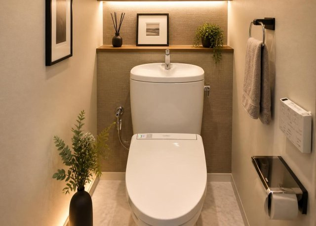 2026年7月のリフォーム時に交換された清潔なトイレです。温水洗浄便座を完備しており、毎日のお手入れも簡単に行えます。壁紙も張り替えられているため、明るく快適で衛生的な空間に仕上がっています。