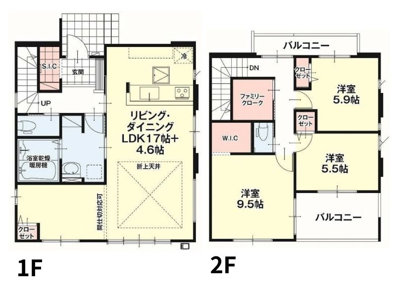 17帖のゆとりあるLDKを備えた3LDK。4.6帖の洋室は間仕切りに対応でき、ライフスタイルや家族構成に合わせて柔軟に活用できます。開放感のあるLDKと使い勝手に配慮した間取りが魅力です。