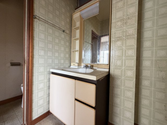鏡付きの洗面化粧台。浴室の入り口横に配置されています