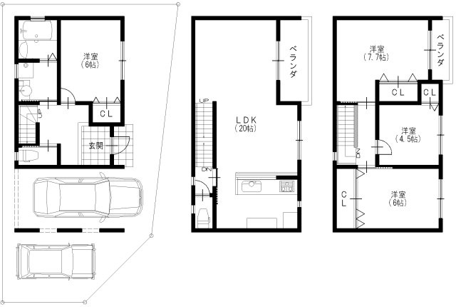 ※参考新築プラン図　1階27.54？　2階37.26？　3階39.29？　延べ床面積　104.09？　※参考プラン建物価格　2、200万円