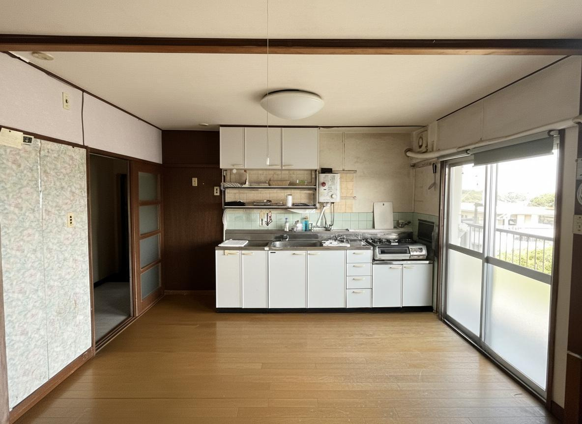 ※本画像は家具・荷物をCG加工により消去したものです。すっきりとしたダイニングキッチン。現況販売につき、お好みのリフォーム・リノベーションが楽しめます。