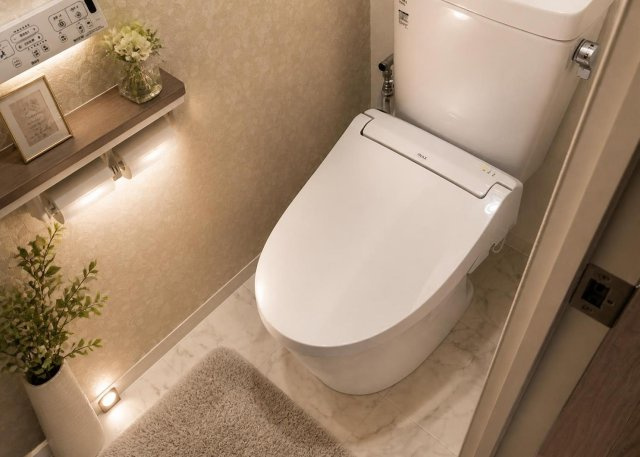 2026年7月のリフォームにて新調された快適なトイレ空間です。壁や天井のクロスもきれいに貼り替えられており、清潔な印象を与えます。毎日の生活で頻繁に使う場所だからこそ、使い勝手にこだわっています。