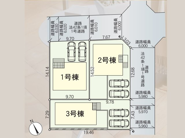 全3区画図の販売です。1号棟をご参照ください。駐車スペースは2台可能！