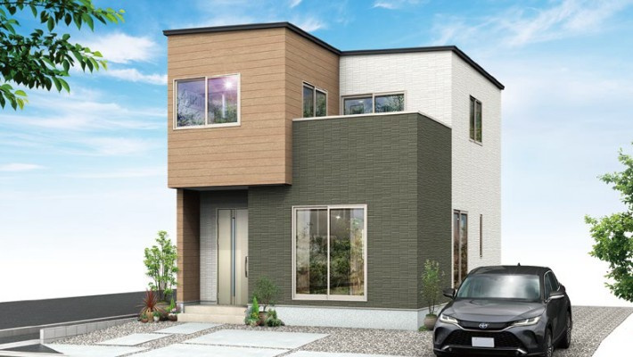 ＜1号棟　完成イメージパース＞　土地面積：157.89？（47.76坪）、建物面積：98.33？（29.74坪）