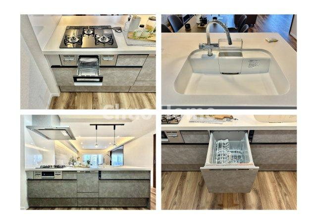 【システムキッチン】ワイドで収納豊富な使い勝手の良いカウンターキッチンには、食洗器・伸縮タイプのキッチン水栓、三ツ口コンロ・魚焼きグリルなどの便利な設備が標準完備されています。
