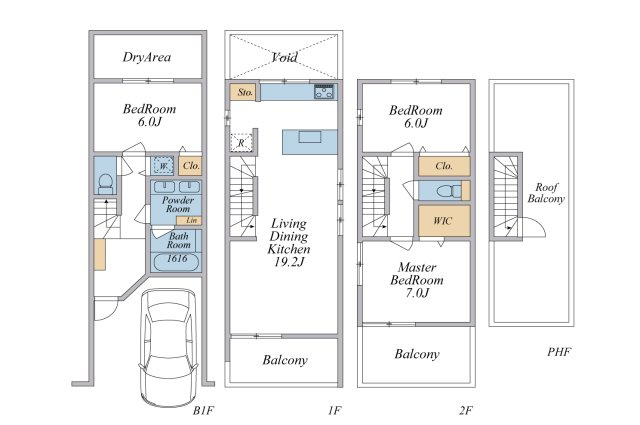 A区画建物プラン（建物112.50平米）　LDK19.2帖+ルーフバルコニー+車庫付3LDKプラン