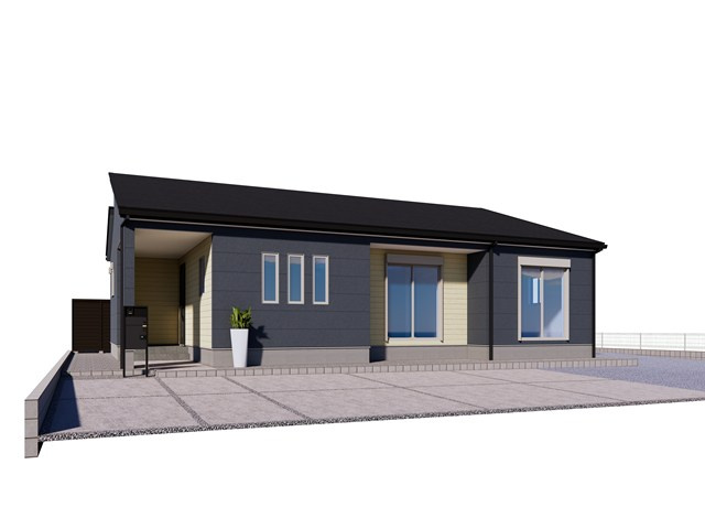 2号棟《完成イメージ》ダークグレーと木目調のツートンカラーが落ち着いた印象の平屋建て。大きな掃き出し窓から光が降り注ぐ明るいLDKと、洋室のスリット窓がデザインのアクセントの心地よい住まいです。
