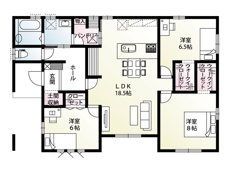 2号棟　建物面積91.09？（27.55坪）開放感あふれる18.5帖のLDKにパントリーや土間収納など豊富な収納を配置。全居室に収納を備え、平屋ならではの効率的な生活動線で家族皆が快適に暮らせます！