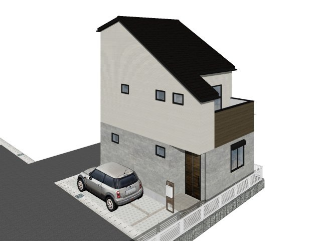参考プラン　外観完成予想パース　3方向から光差し込む明るいお住まい