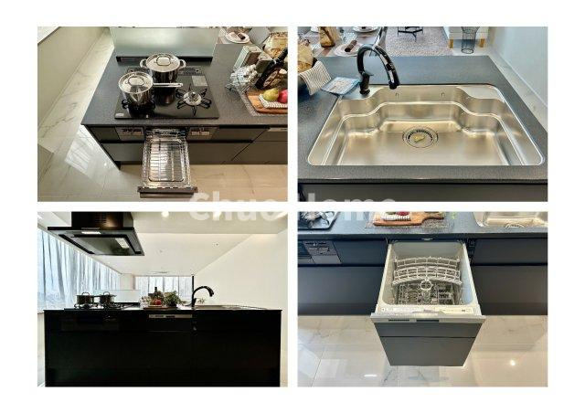 【システムキッチン】ワイドで収納豊富な使い勝手の良いカウンターキッチンには、食洗器・伸縮タイプのキッチン水栓、三ツ口コンロ・魚焼きグリルなどの便利な設備が標準完備されています。