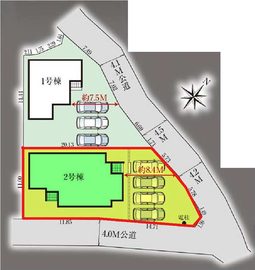 2号棟　区画図　北側接道幅員約4.1ｍ　南東側接道幅員約4ｍ   　   　 　