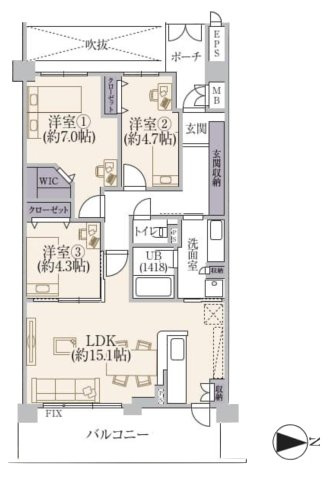 中古マンション　3LDK　専有面積：77.58平米　バルコニー面積：14.00平米　東向き