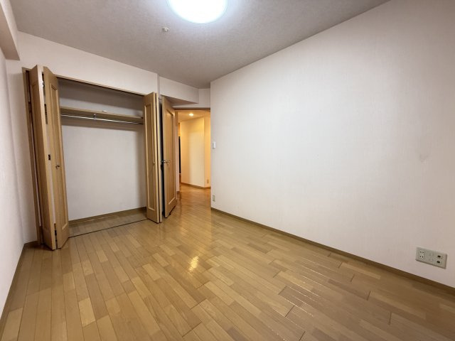 大型のクローゼットを備えた洋室収納は、横幅が広く衣類をまとめて収納可能です。ハンガーパイプ付きでコートやスーツなどもきれいに掛けて保管できます。内部も広いため収納ケースや衣装ボックスの設置も可能です。