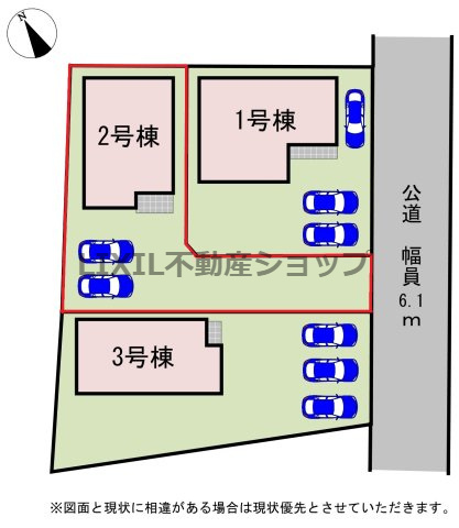 【区画図】区画図です。道路から奥に入るのでお庭でお子様を遊ばせるのにも安心。プライバシーも保ちやすい建物配置です。