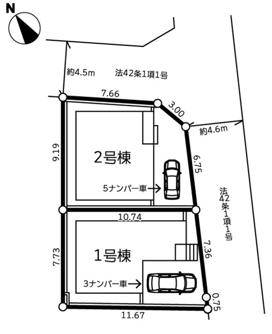 ※1号棟成約済　2号棟　角地　北東側約4.5ｍ・南東側約4.6ｍ各公道　駐車1台（車種によります）　敷地面積26.7坪