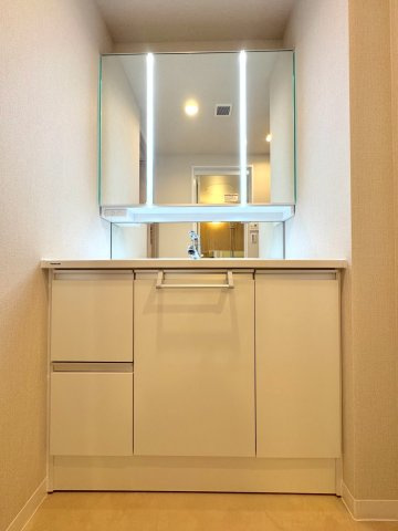 朝の身支度やヘアセットがスムーズに行える、機能的な独立洗面化粧台。大型の鏡と使いやすい洗面ボウル、豊富な収納スペースを備え、散らかりがちな洗面周りをいつでもすっきりと清潔に保つことができます。