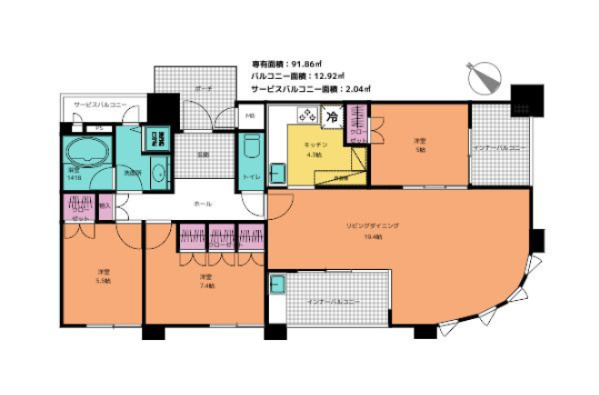 約90平米以上ある3LDKの間取り。