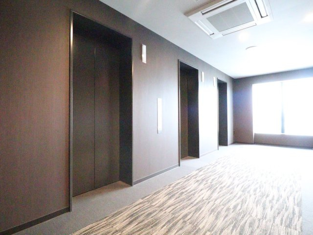 【居住フロア　エレベータホール】落ち着いた木調仕上げと上品なカーペット敷き。素敵な眺望も楽しめます。