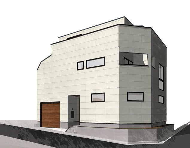 B号棟外観パースです。3階建4LDK＋車庫。