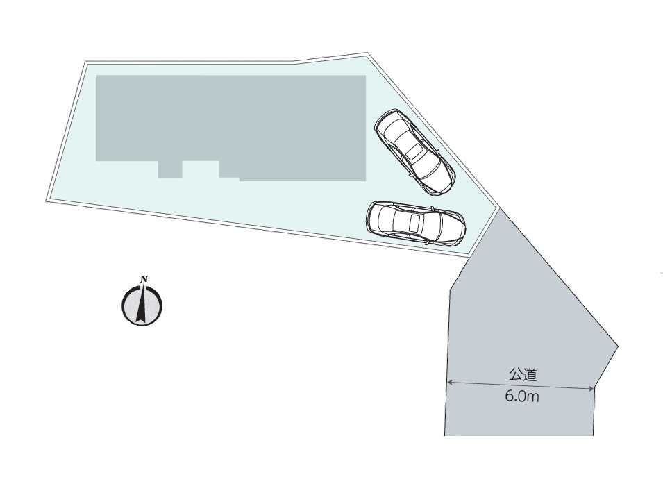 東側約6.0m公道に面したゆとりある区画。駐車スペース2台分を確保し、車の出し入れもスムーズ。前面道路にゆとりがあり、毎日のカーライフを快適にサポートします。