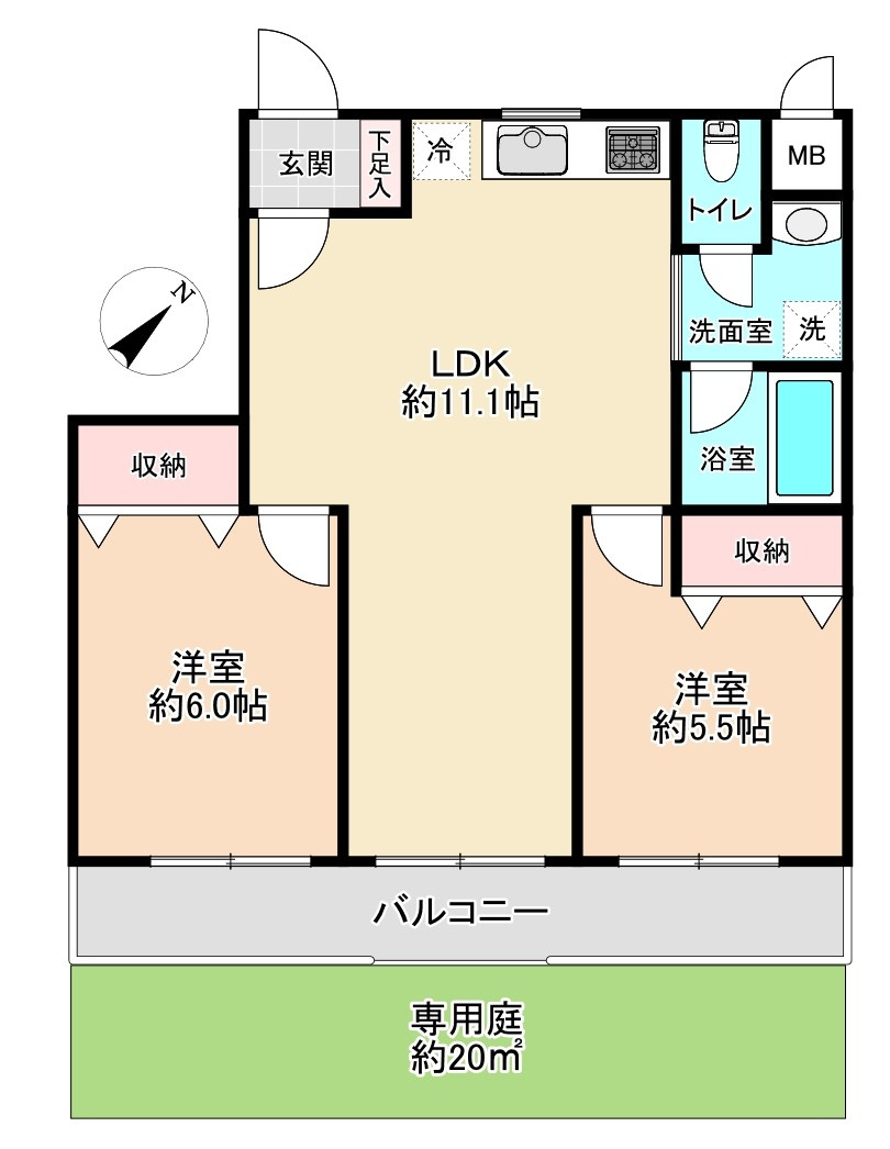 54.6平米の2LDKタイプです♪専用庭付です　想定年額賃料1、728、000円想定利回り5.79%
