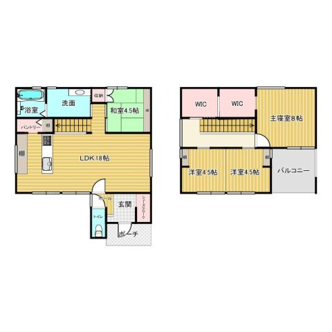 LDK18帖の広々空間を中心に水回りがまとまった使いやすい動線設計。1階には和室もあり来客対応やお子様の遊び場として活用可能。2階は主寝室8帖＋WIC2ヶ所、洋室2部屋とファミリー向けの間取りです