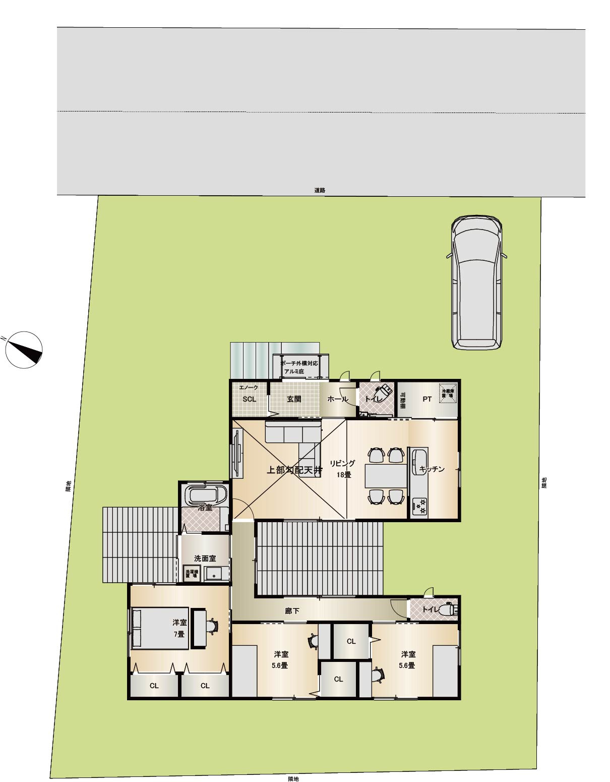 【建物プラン例配置図】贅沢な97坪超の広さを活かした平屋。中庭を囲む設計で心地よく自然光を取り入れます。