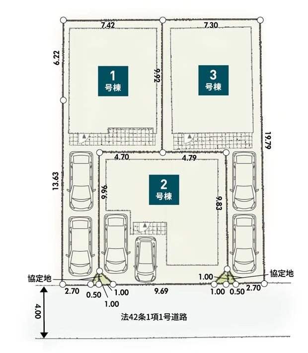 ※2号棟成約済　3号棟　旗竿地（間口約2.7ｍ）　南東側約4.0ｍ公道　駐車2台（車種によります）　敷地面積30.3坪（路地状部分敷地含む）　※協定地有