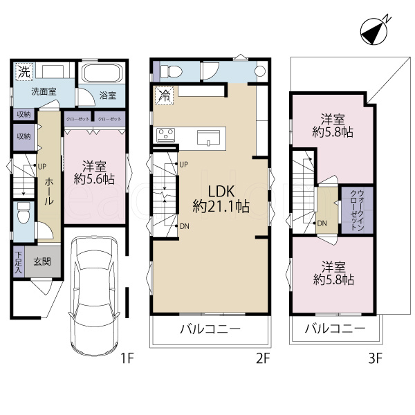 建物参考プラン（3階建3LDK＋P、延床108.46？、参考価格3280万円）