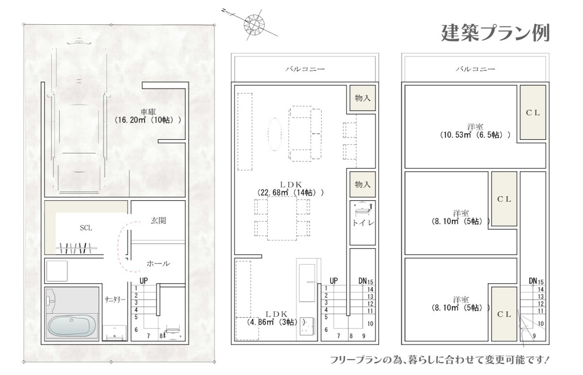 【参考プラン例】　洗濯物を干す→畳む→片づける。がひとつながり。共働きのご家庭が無理なく快適に過ごせることをイメージして設計した一例です。